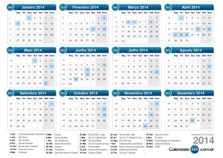 Calendário de 2014 com feriados