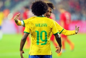 Neymar cumprimenta Willian: atacante do Barça se rende ao talento do meia-atacante do Chelsea (Foto: Mowa Press)